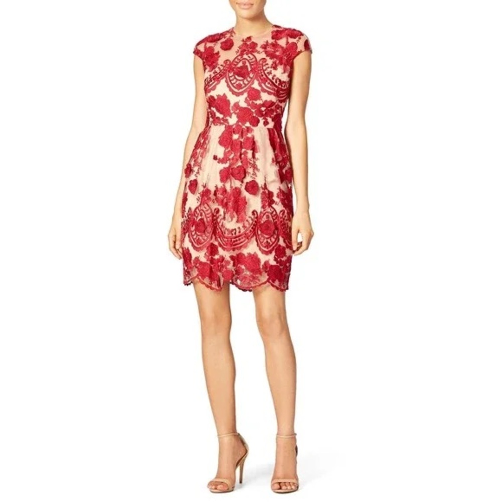 Marchesa Notte Red Nude Lace Mena Cocktail Dress 12